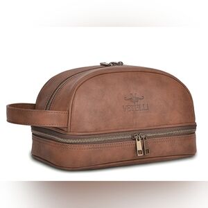 Vetelli Classic Men's Luxe Brown Leather Travel Toiletry Bag Dopp Kit NWOT